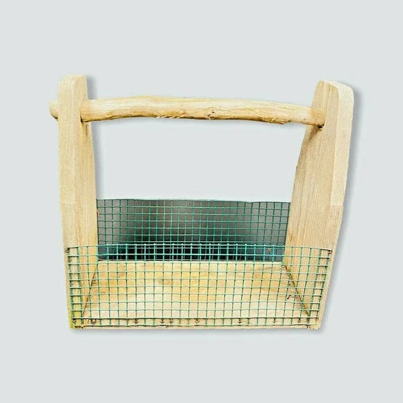 Primitive Rustic Wood and Metal Wire Storage Basket Farmhouse Barn Art